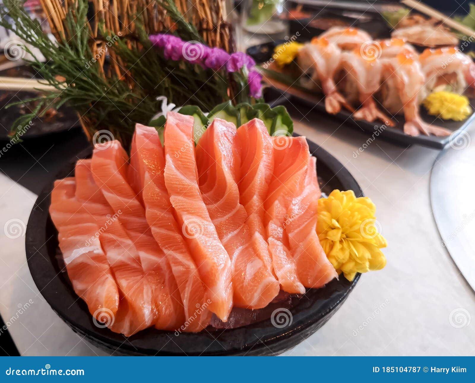juicy yummy delicious tasty raw and fresh fatty sliced Ã¢â¬â¹Ã¢â¬â¹orange salmon sashimi fish in japanese style popular seafood